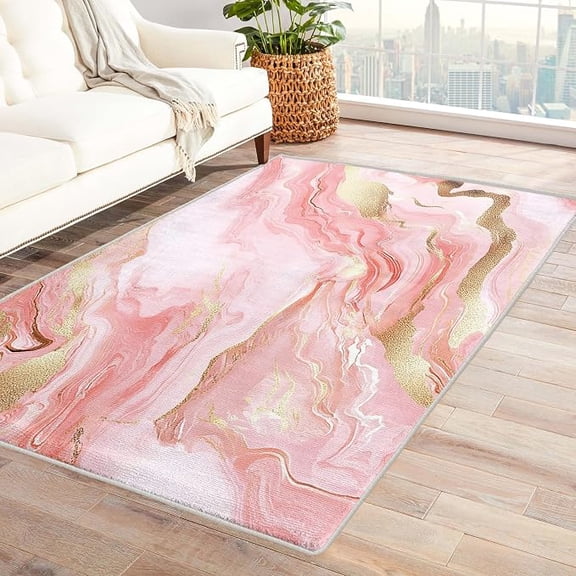 Marble Rugs for Living Room, Pink Metallic Gold Modern Abstract Art Pattern Design Area Rug, Marble Bedroom Decor Carpet, Non Slip, Washable 4 x 6ft