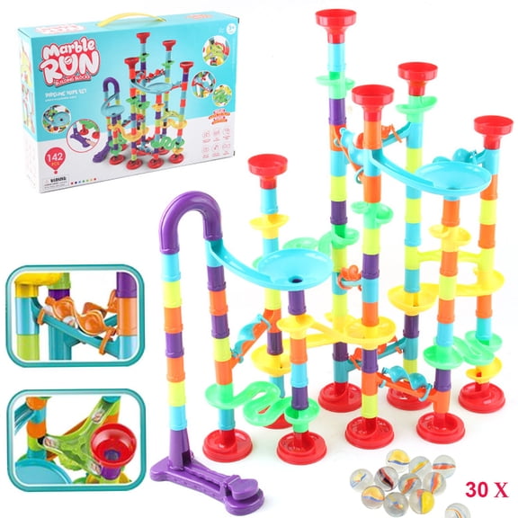 Marble Run Toy, 142 PCS Educational Construction Maze Block Toy Set with Glass Marbles for Kids and Parent-Child Game,Building Project Toy