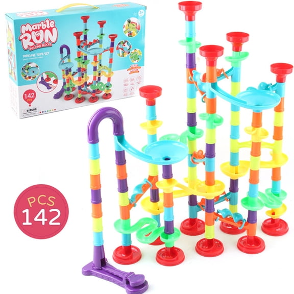 Marble Run Toy, 142Pcs Educational Construction Maze Block Toy Set with Glass Marbles for Kids and Parent-Child Game