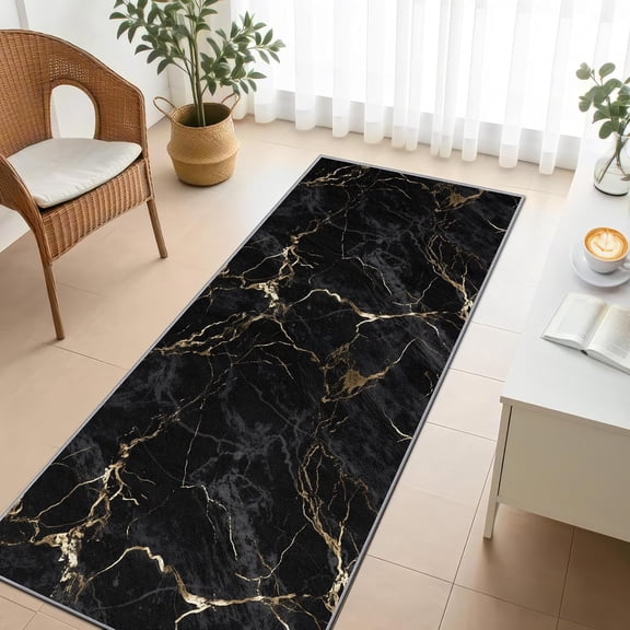 Marble Runner Rug, 2x6ft, Purple and Gold Runners for Hallways, Abstract Modern Luxury Runner Rug Non Slip Soft Home Decor