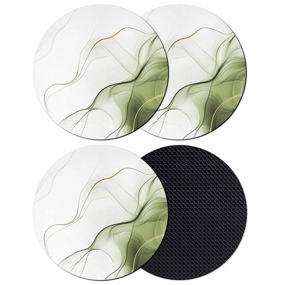 Marble Sage Green Coasters Set of 4, Gold White Modern Gradient Ocean Wavy Absorbent Coasters for Drinks, Coaster for Bar Office Dining Coffee Table Accessories Decor, Non Slip Round Desk Coaster