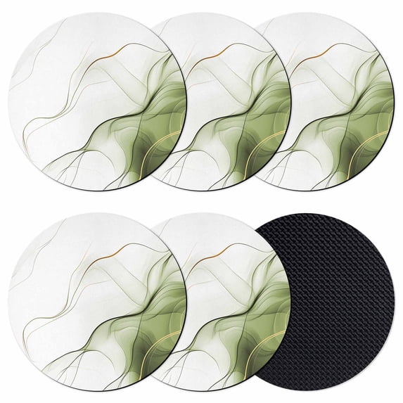 Marble Sage Green Coasters Set of 6, Gold White Modern Gradient Ocean Wavy Absorbent Coasters for Drinks, Coaster for Bar Office Dining Coffee Table Accessories Decor, Non Slip Round Desk Coaster