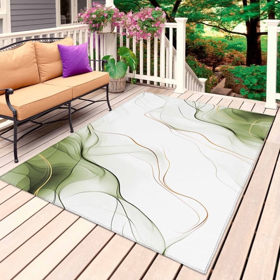 Marble Sage Green Outdoor Rug for Patio/Deck/Porch, Non-Slip Large Area Rug 6 x 9 Ft, Gold White Modern Gradient Ocean Wavy Indoor Outdoor Rugs Washable Area Rugs, Camping Rug Carpet Runner
