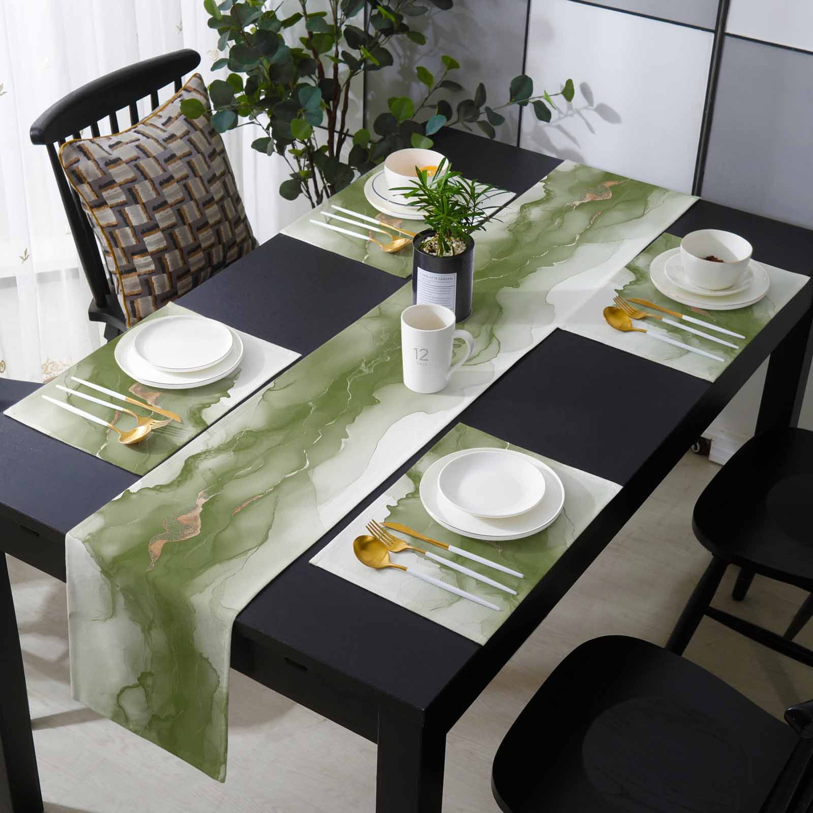 Marble Sage Green Placemats Set of 4 with 70 Inches Long Table Runners
