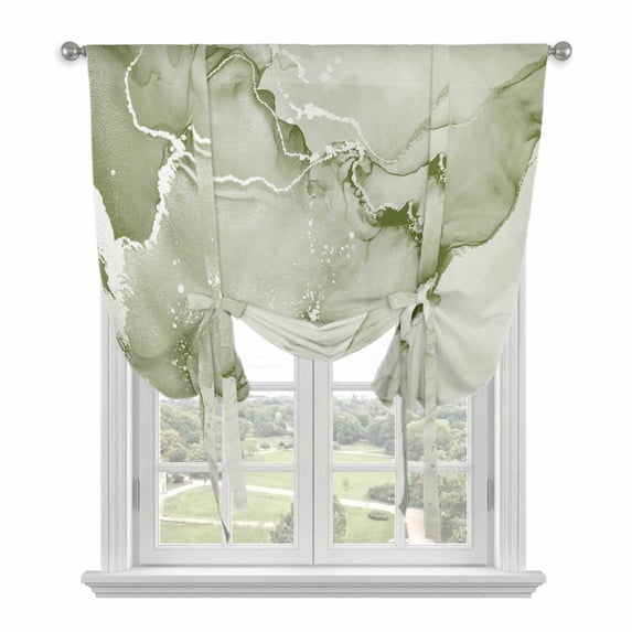 Marble Sage Green Tie Up Curtains for Kitchen Windows,Adjustable Rod Pocket Valance 45 Inch Short, Modern Abstract Ink Painting Luxury Window Treatment Balloon Roman Blind Shade, 42" x 45"