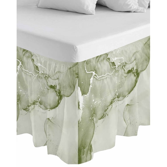 Marble Sage Green Wrap Around Bed Skirts for California King Bed 18" Drop,Bed Skirt with Adjustable Elastic Belt Dust Ruffle Bed Valance Modern Abstract Ink Painting Luxury Bed Frame Cover