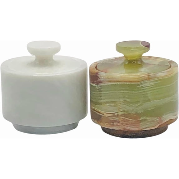 Marble Salt Cellar with Lid 2 Pack - Stone Salt Container for Countertop, Salt Box Keeper for Kitchen Counter, 3.5 oz OceanicX Marble Cellar Set (White Green)