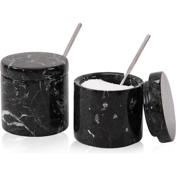 Radicaln Marble Salt Cellar with Lid 3 inch Black Handmade Salt Jar set of 2 with Spoons, Spice Storage Containers For Kitchen Countertop, Ideal Sugar Bowl and Salt dish For Table