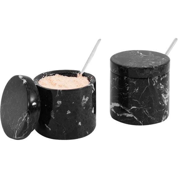 Radicaln Handmade Black Marble Salt & Pepper Cellar Set of 2 with Lids & Spoons – 3" Stone Spice Containers for Sugar, Flaky Salt & Modern Kitchen Décor