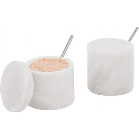 Radicaln Handmade White Marble Sugar Bowl Set of 2 with Lids & Spoons – 3" Stone Containers for Salt, Seasonings, Herbs – Kitchen Storage & Gift for Home Cooks