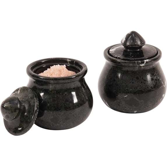 Radicaln Black Marble Salt Cellar Set of 2 – 3.5" Containers with Lids for Salt and Pepper – Dual Stone Spice Jars for Kitchen or Tabletop Storage