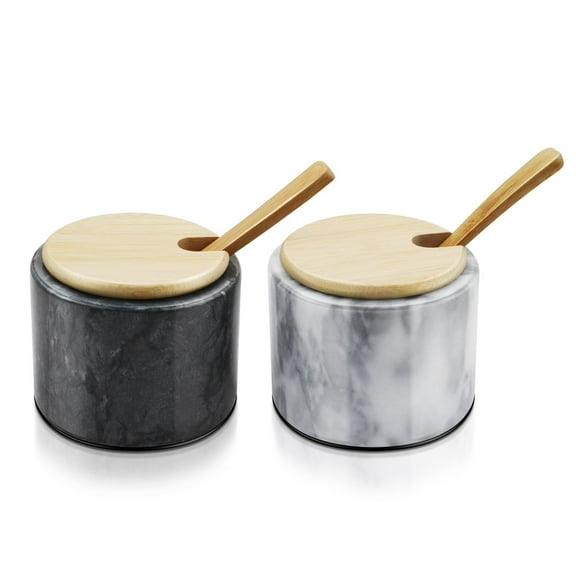 Marble Salt Cellar with Lid & Spoon - Anti-Slip Multi-Purpose Marble Salt and Pepper Bowls Dish Container for Paprika, Herbs, Jewelry, Watches, & Accessories (Set of 2, Black & White)