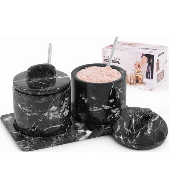 Radicaln Black Marble 4" Salt Cellar with Lid and Tray | Salt Holder Set of 2, Kitchen Salt Container, Spice Jars, Sugar Bowl & Seasoning Storage for Countertop Décor
