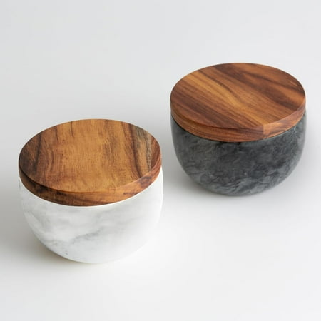 Marble Salt and Pepper Bowl Salt Box Salt Cellar Set Solid Natural Wood Lid Large Capacity Salt Box Gift Packaging Salt Jar with Lid and Spoon Salt Bowl