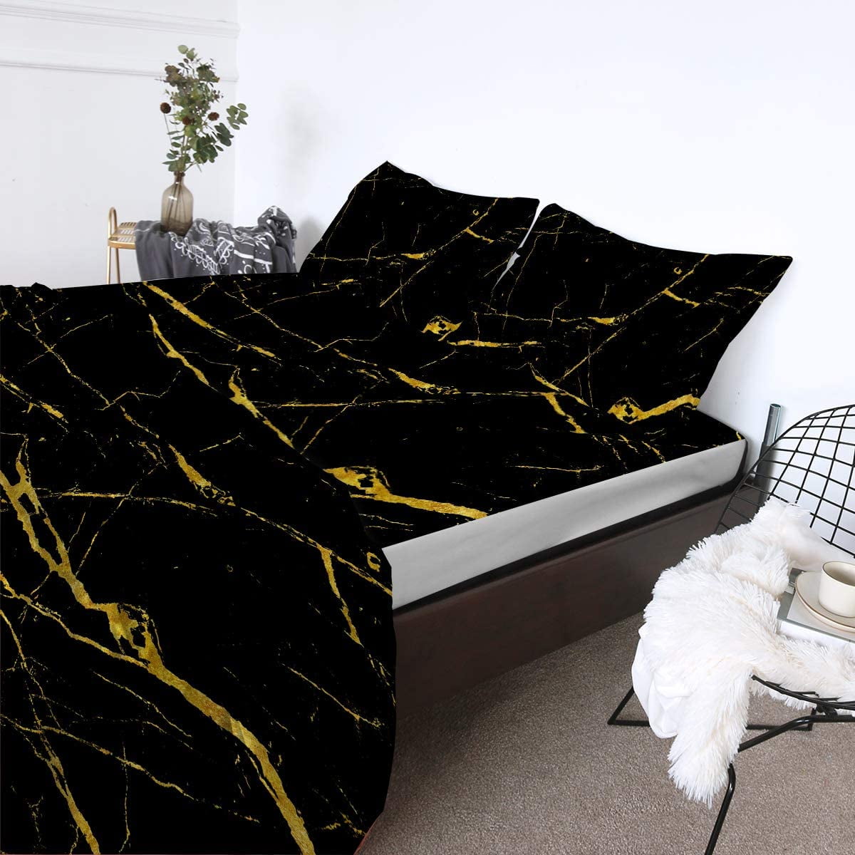 Marble Sheet Set Gold Glitter Black Marbled Sheets California King Size