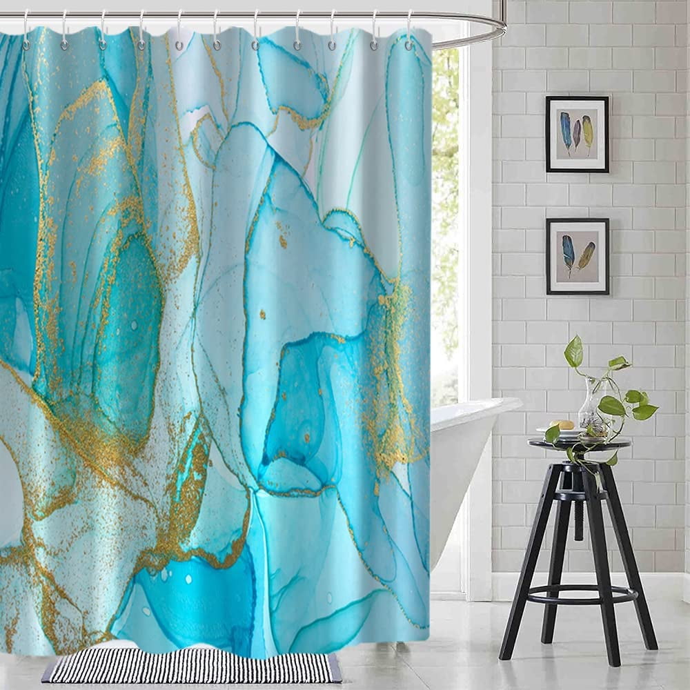 Marble Shower Curtain, Abstract Modern Teal and Gold Marble Shower Curtain Set for Bathroom Ink Texture Waterproof Polyester Fabric Bathroom Decor with Hooks, 72x84 Inch