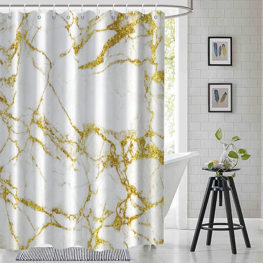 Marble Shower Curtain, Abstract Modern White and Gold Marble Shower Curtain Set for Bathroom Ink Texture Waterproof Polyester Fabric Bathroom Decor with Hooks, 72x72 Inch