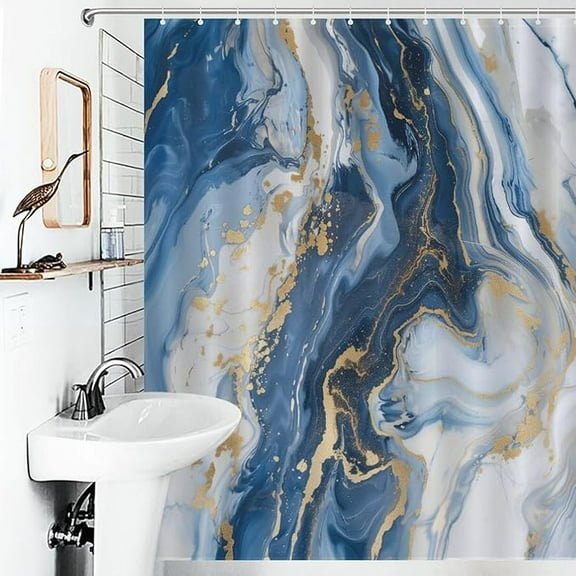 Marble Shower Curtain For Bathroom, Modern Luxury Foil Texture Blue White Gold Marble Bath Curtains, Fabric Waterproof Polyester 12 Pack Hooks 48"W x 72"L
