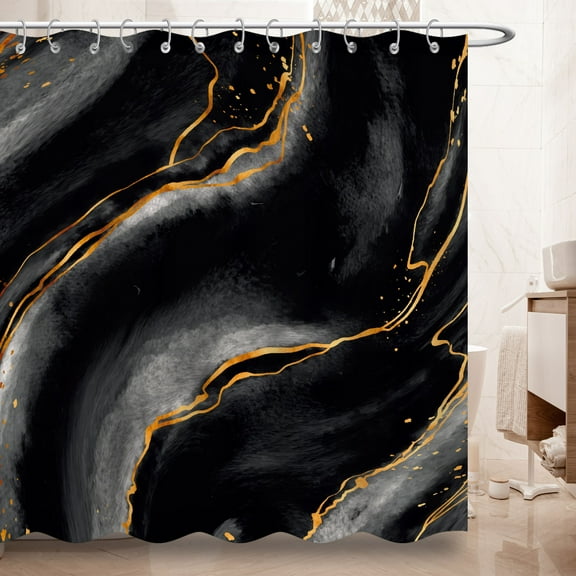 Marble Shower Curtain,Black and Gold Shower Curtain for Bathroom,Mondern Abstract Home Decor with Hooks