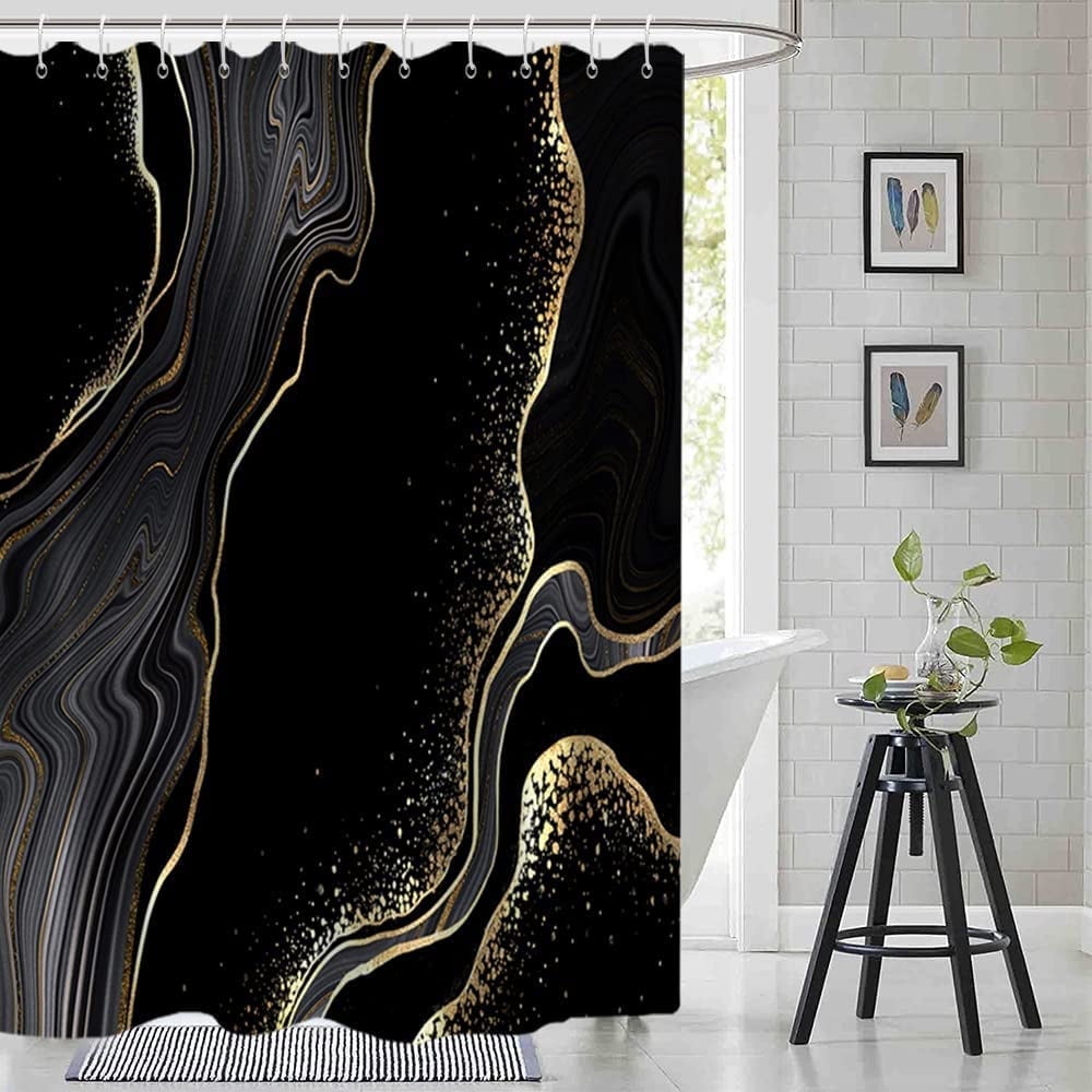 Marble Shower Curtain, Gold and Black Luxury Liquid Marble Shower Curtain Set for Bathroom Waterproof Polyester Fabric Modern Ink Texture Bathroom Decor with Hooks, 72x72 Inch
