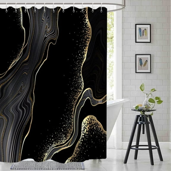 Marble Shower Curtain, Gold and Black Luxury Liquid Marble Shower Curtain Set for Bathroom Waterproof Polyester Fabric Modern Ink Texture Bathroom Decor with Hooks, 72x72 Inch