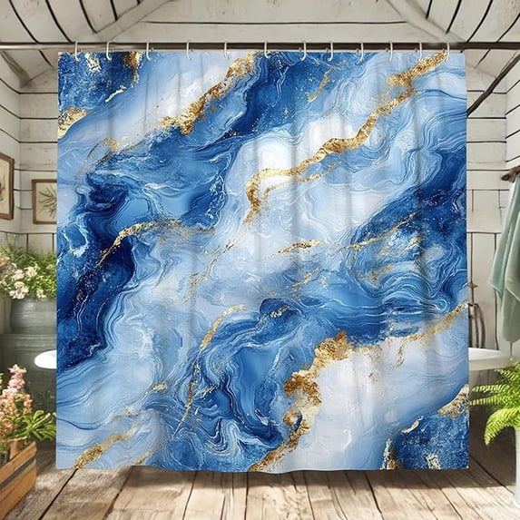 Marble Shower Curtain, Ocean Blue White Gold Abstract Bath Curtain For Bathroom Decor, Spring Summer Modern Elegant Waterproof Fabric Shower Curtain Set With Hooks 36"W x 72"L