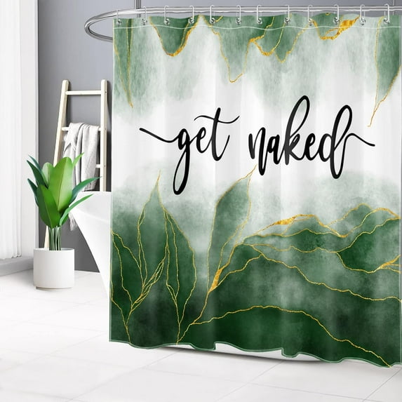 Marble Shower Curtain Ombre Green and Gold Abstract Texture Get Naked Shower Curtains for Bathroom,Modern Luxury Shower Curtain Set with Hooks Polyester Fabric Bathroom Decor, 72X84 inches