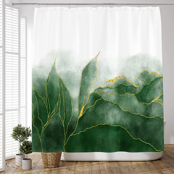 Marble Shower Curtain Ombre Green Gold, Modern Sets for Bathroom Art Decor, Mixed Golden Lines Striped, Accessories Fabric Waterproof Polyester , 72x84 Inches 12 hook