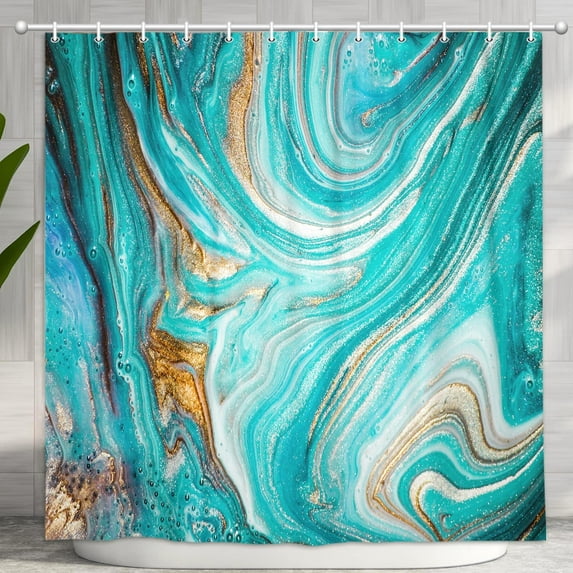 Marble Shower Curtain Set, Abstract Jade Green Gilding Stripes Shower Curtain, Modern Ink Art Decor Waterproof Fabric Shower Curtain for Bathroom Decor with Hooks, 72X72in