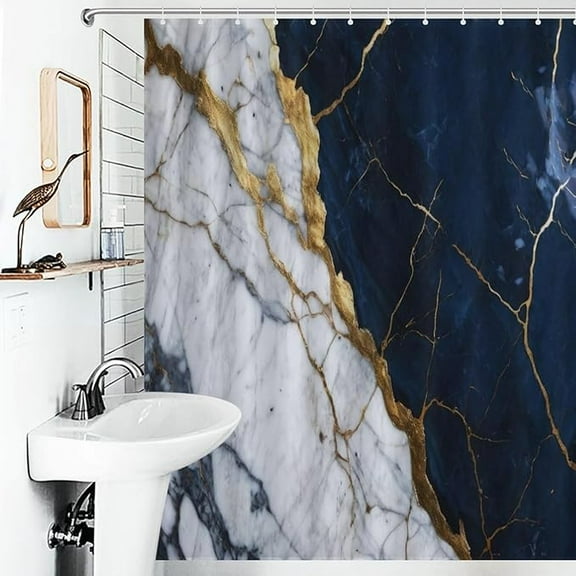 Marble Shower Curtains For Bathroom, Modern Abstract Foil Texture White Navy Blue Gold Marble Home Decor Waterproof Polyester Fabric Bath Shower Curtain With 12 Hooks 36"W x 72"L
