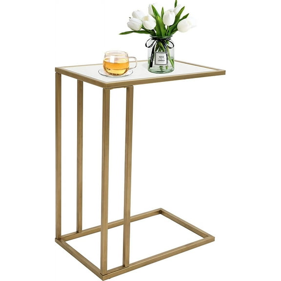 Marble Side Couch Table Gold Rectangle Tables for Small Spaces Coffee Table, Modern Accent Tables Narrow End Table for Living Room, Bedroom Slide Under Sofa Tables - 19" L x 12" W x 24" H