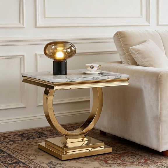 Marble Side Table with Faux Marble Tabletop, End Table with Gold Mirrored Stainless Steel Legs, Square Center Tea Table for Living Room, 23" White Marble Top