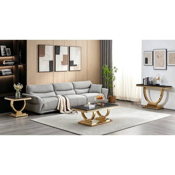 Marble Side Table with Faux Marble Tabletop, Faux-Marble End Table with Gold Mirrored Stainless Steel Legs, Square Center Tea Table for Living Room, 23" Black Marble Top