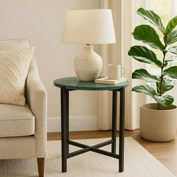 Marble Side Table with Metal Frame - 21 Inch Height and Elegant Green Marble Top