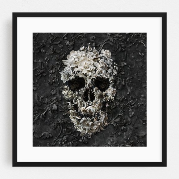 Marble Skull - Digital Art Floral Surrealism Flowers Modern Art Abstract Black Framed Wall Art Print 16 x 16 inches