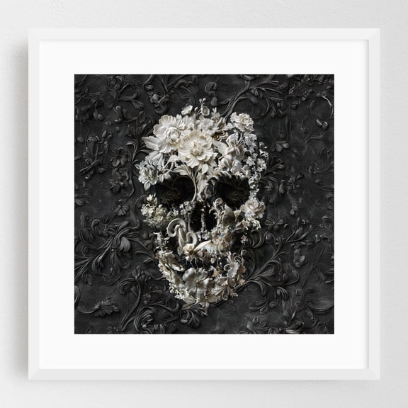 Marble Skull - Digital Art Floral Surrealism Flowers Modern Art Abstract White Framed Wall Art Print 8 x 8 inches