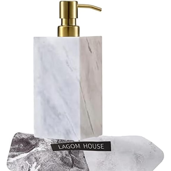 Marble Soap Dispenser White Grey Italian Natural Stone Marble Liquid Hand Soap Dispenser Decorative Bottle for Kitchen Bathroom Countertop Stainless Steel (Grey Marble Soap Dispenser)