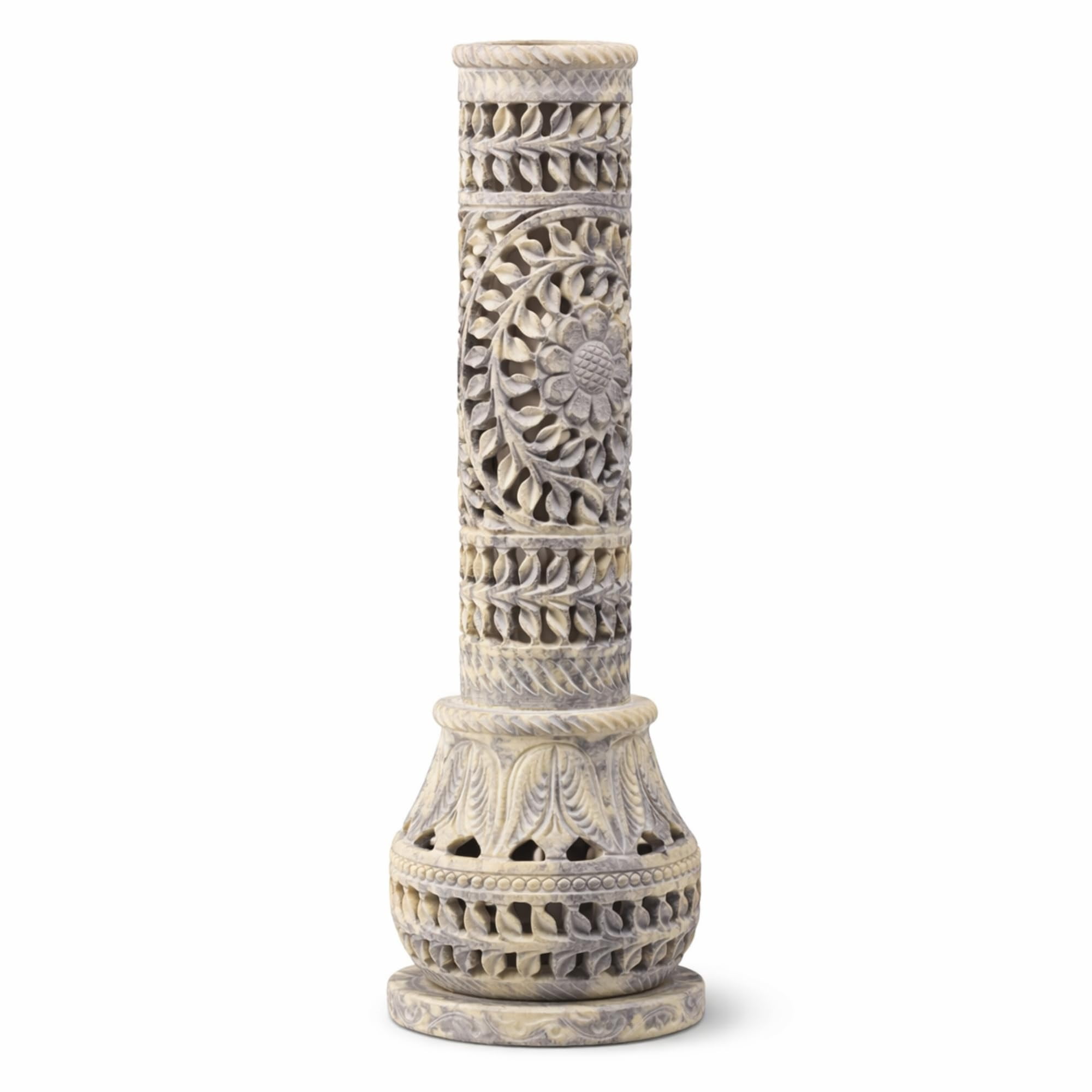 Marble Soapstone Incense Stick Holder | Candle Burner Tea Light Stand - Handmade Bottle Tower. Decorative Floral Carving For Gifting Home And Office Decor (3x3x10.5 Inches)