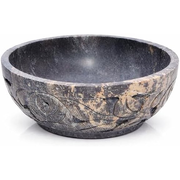 Marble Soapstone Smudge Pot Stone Bowl, 5 Inch | Natural Stone, Handmade, Leaf Carved Design, From India, Scrying & Smudge Bowl