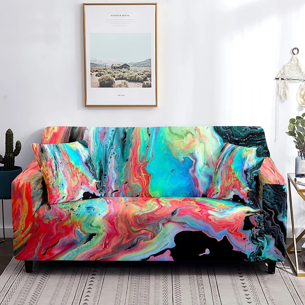 Marble Sofa Cover Abstract Watercolor Pastel Grey Red Yellow Stretch