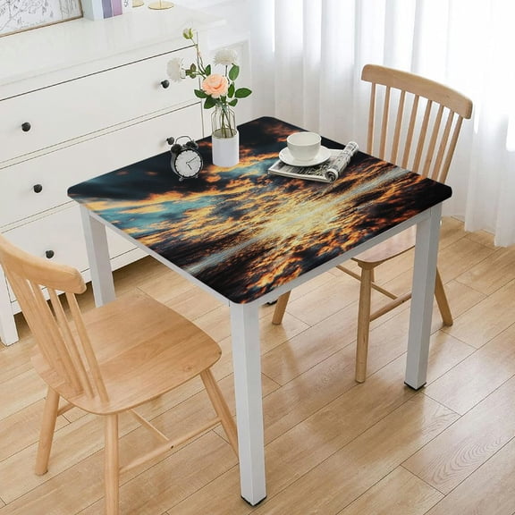 Marble Square Fitted Tablecloth, Cyan Marble Elastic Edge Polyester Decorative Table Cover, Dust Proof Washable Fabric Table Clothes, Fits Table, for Garden Patio Picnic Table Cloth