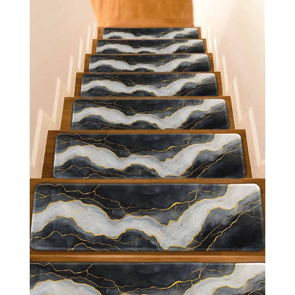 Marble Stair Treads for Wooden Steps Indoor Runner Rug Carpet, Black Grey Modern Luxury Gold 4 Pieces Peel and Stick Staircase Step Treads Covers Washable Throw Door Mats, 30"x8"