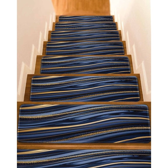 Marble Stair Treads for Wooden Steps Indoor Runner Rug Carpet, Navy Blue Modern Abstract Gold Gradual Art 7 Pieces Peel and Stick Staircase Step Treads Covers Washable Throw Door Mats, 30"x8"