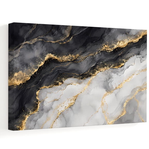 Marble Stone Canvas Wall Art, Abstract Gold Veins Black Gray Swirls Wall Art Prints Artwork Framed Canvas Ready to Hang Art Pictures for Bathroom Bedroom Entry Desk Corner 10" x 8"