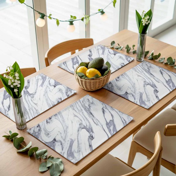 Marble Stone Texture Placemats Set of 4,Wipeable Washable Table Mats for Dining Tables, Grey and White Place Mats for Kitchen Event Party Tabletop Decor