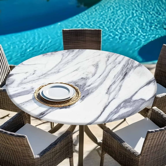 Marble Stone Texture Round Fitted Tablecloth with Elastic Edge,Waterproof Table Cloth Fits Tables Up to 45"-54",Wipeable Washable Table Cover for Indoor Outdoor Dinning Party,Grey and White
