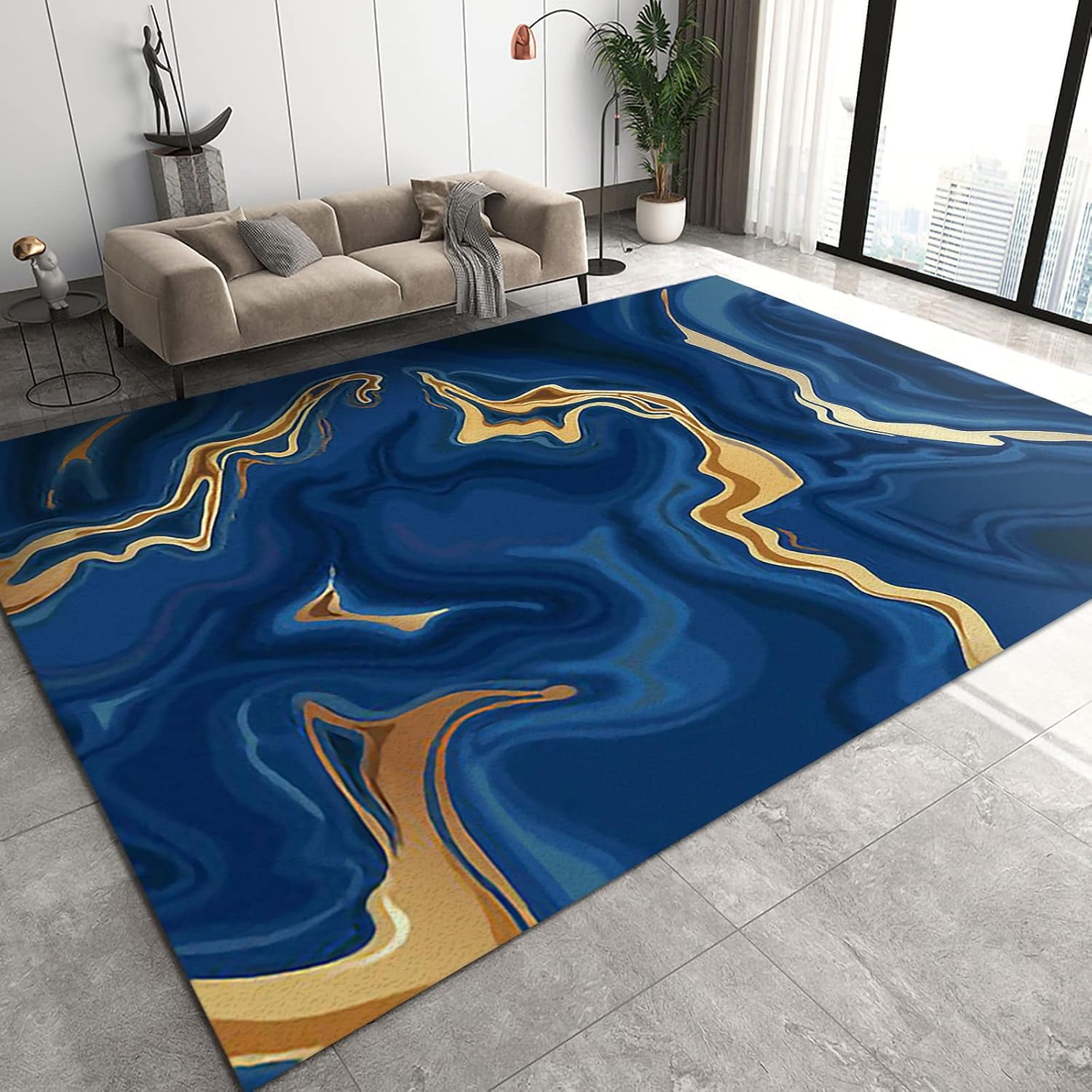 Marble Style Area Rug, Blue Gold Abstract Fluid Texture Rectangle ...