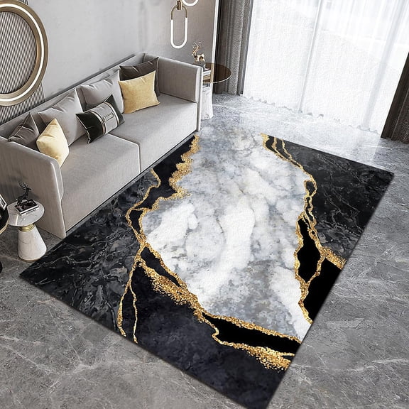 Marble Style Area Rugs, Black White Luxury Gilded Stone Grain Texture Carpet, Modern Non-Shedding Indoor Foldable Non Slip Rug for Living Room Bedroom Office Decor Mats 3ft x 4ft