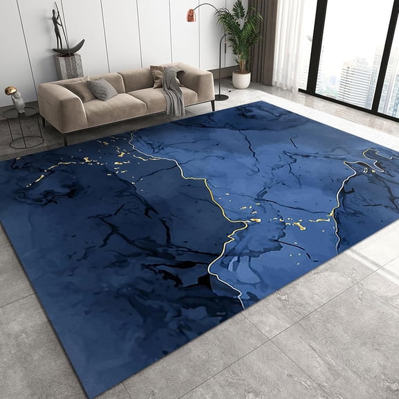 Marble Style Area Rugs, Blue Watercolor Dip Dye Texture Hallway Carpet, Modern Foldable Easy to Clean Rug for Bedroom Living Room Entryway Office Decor Mats 2x3ft