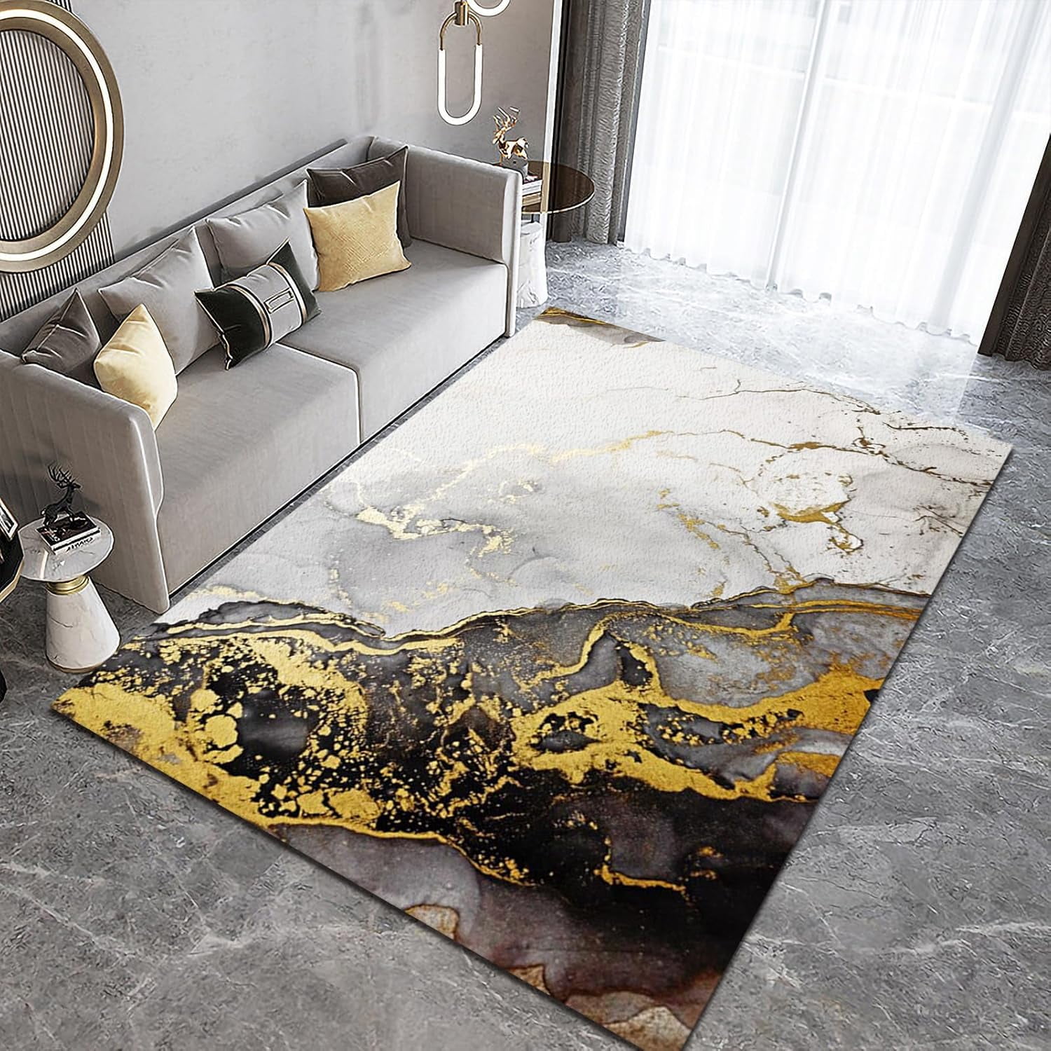 Marble Style Area Rugs, Golden Black Abstract Fluid Texture Hallway ...